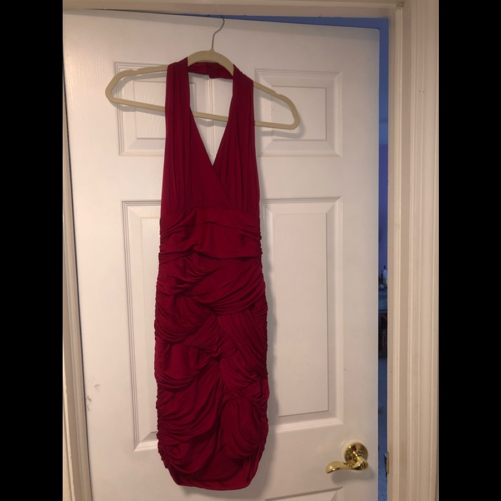 Halston Heritage dark cranberry halter dress.